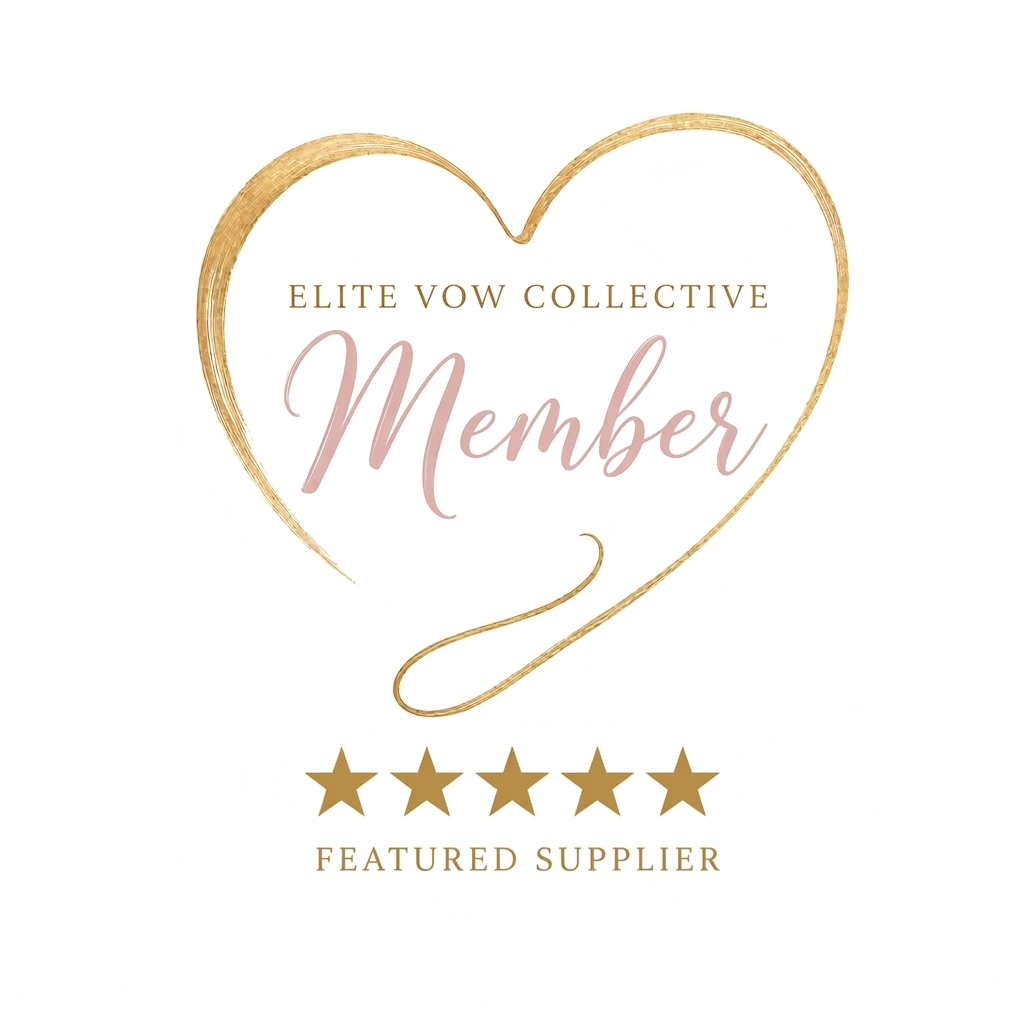 Elite Vow Collective Member badge with gold heart, pink script, and five gold stars for featured wedding suppliers.
