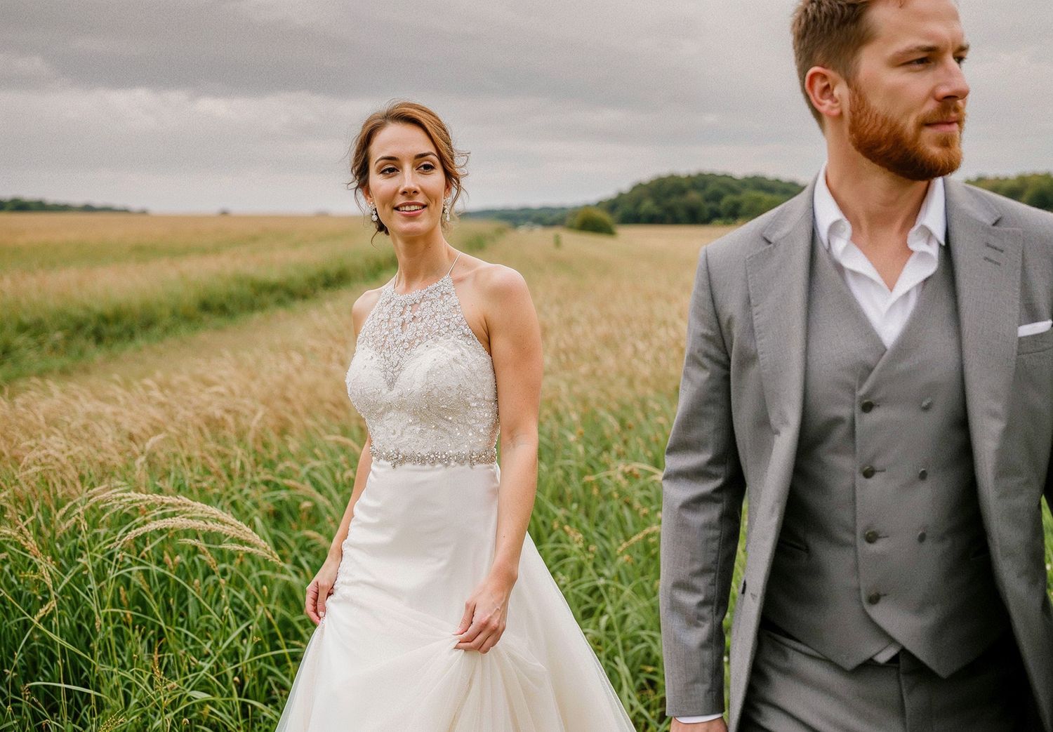 Henblas Country Park Wedding Photographer capturing a bride and groom walking through a golden wheat field on their wedding day.