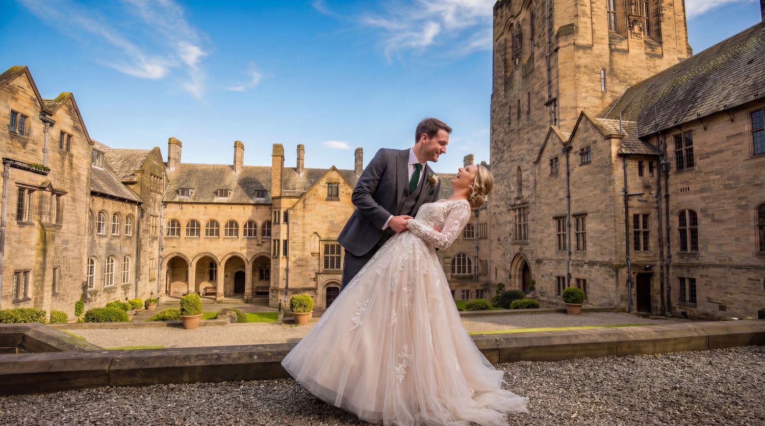 Bride and groom share romantic dip pose at historic stone castle courtyard on sunny wedding day.