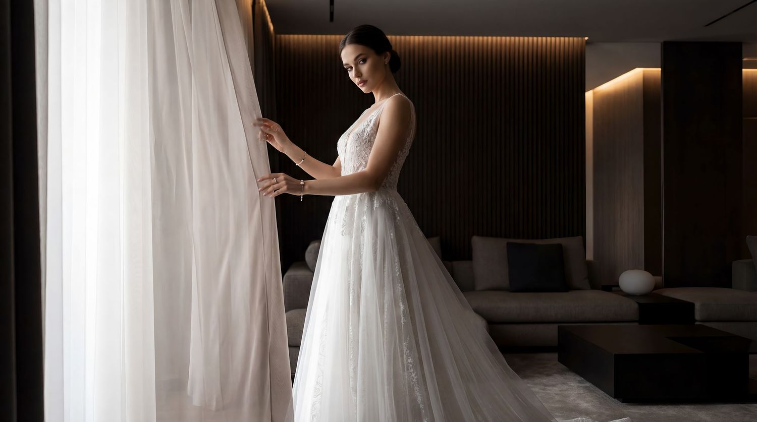 Elegant white wedding dress with flowing tulle train displayed in modern interior setting.
