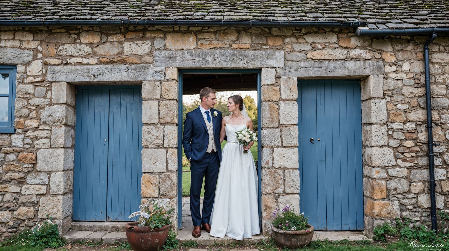 Bride and groom standing in blue doorway of rustic stone building on their wedding day. Henblas Country Park.