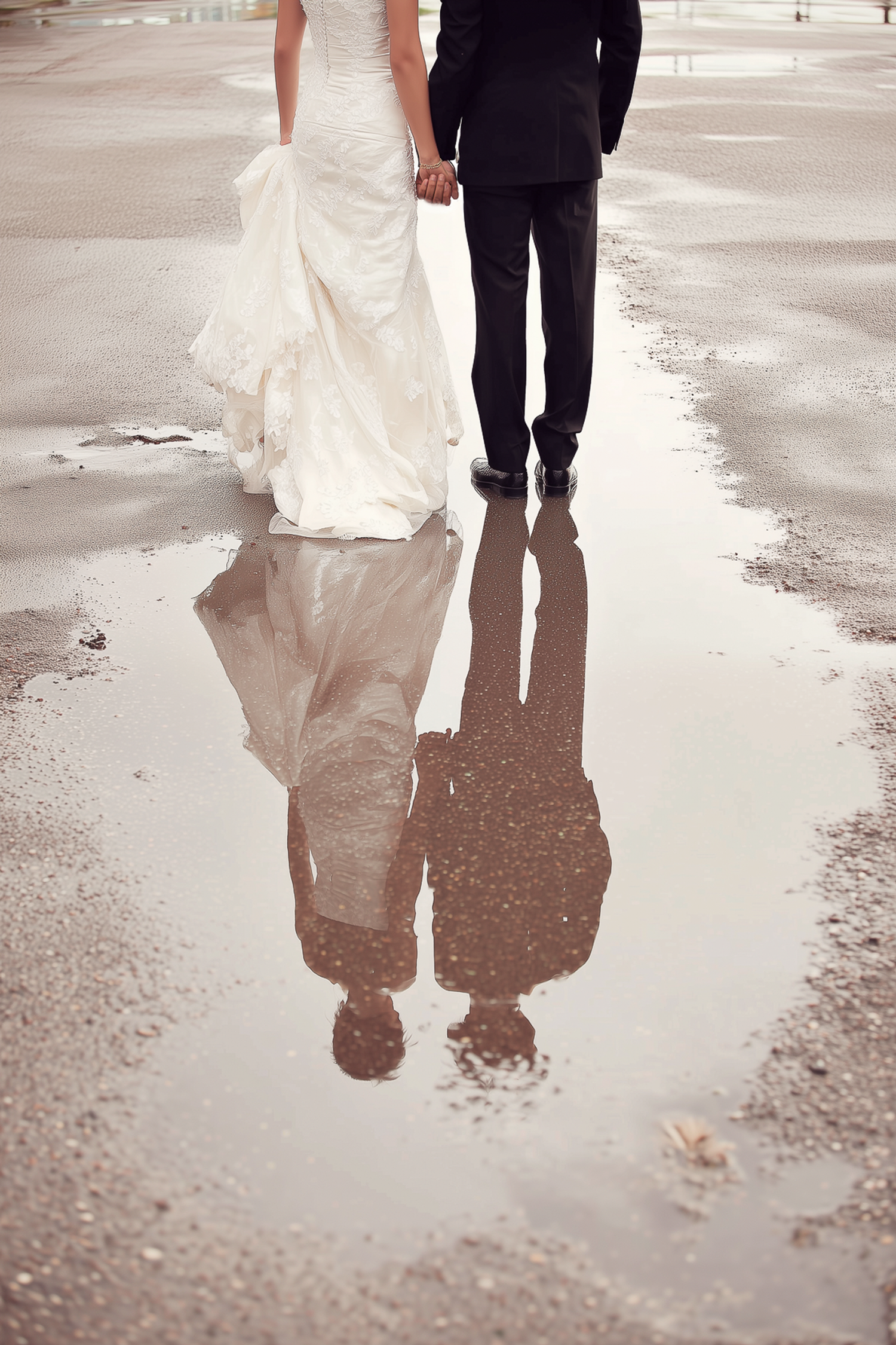 Bride and groom walking through a rain puddle on their wedding day on Llandudno Promenade | Martin Japheth Photography