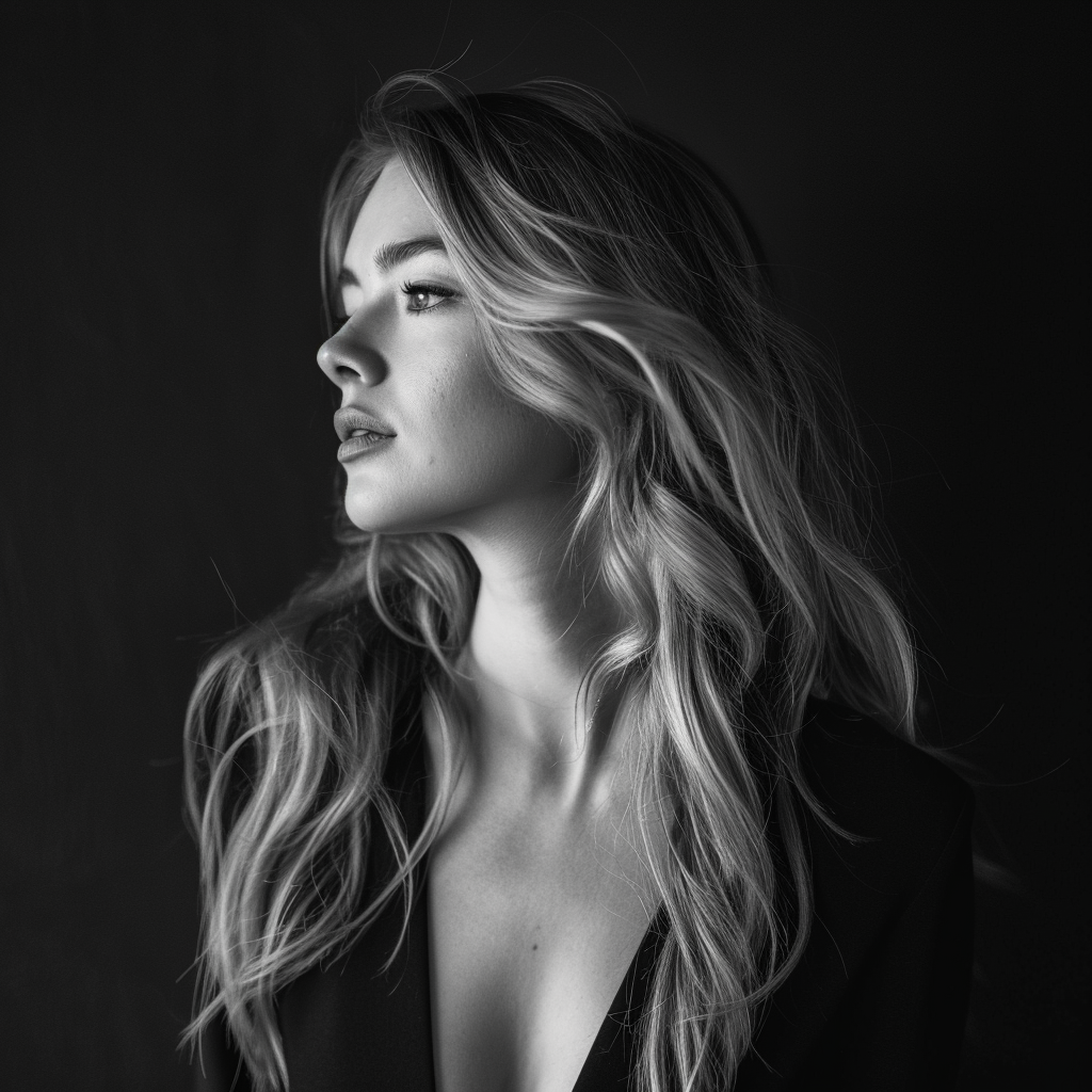 Artistic black and white portrait with windswept hair against dark background.