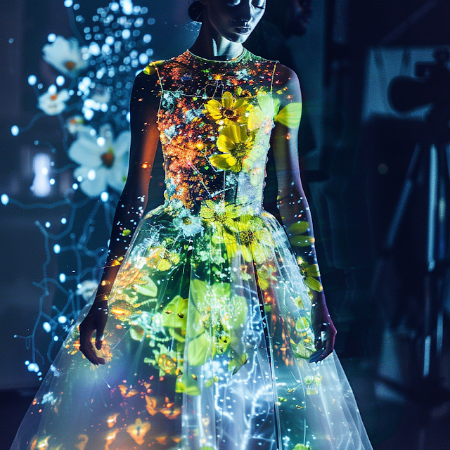 Ethereal fashion photograph of a glowing dress with projected light patterns.