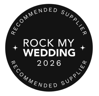Black circular Rock My Wedding 2026 Recommended Supplier badge with white text on dark background.