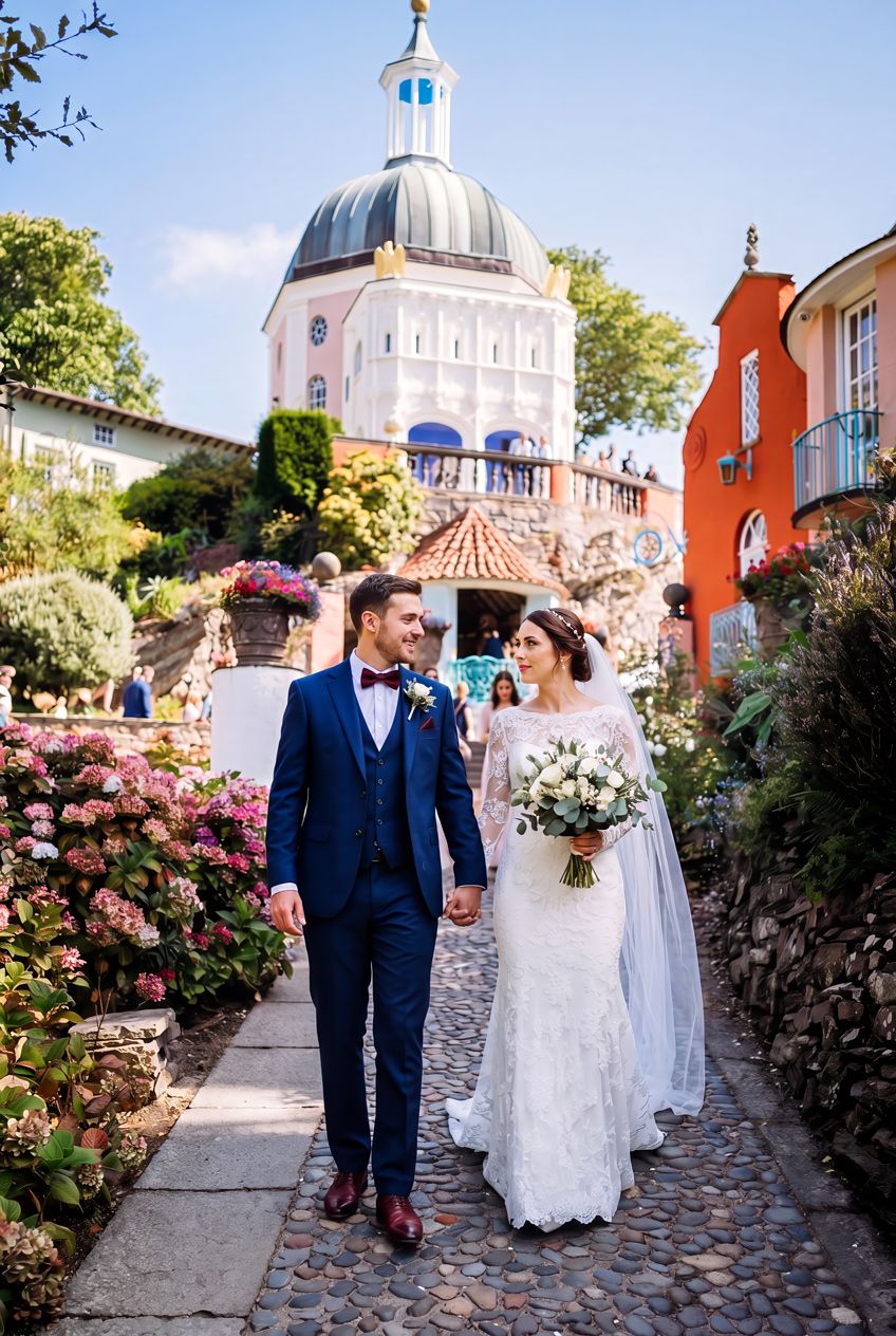 Bride and groom walk hand-in-hand through Portmeirion village gardens. Weddings at Portmeirion - Martin Japheth Photography