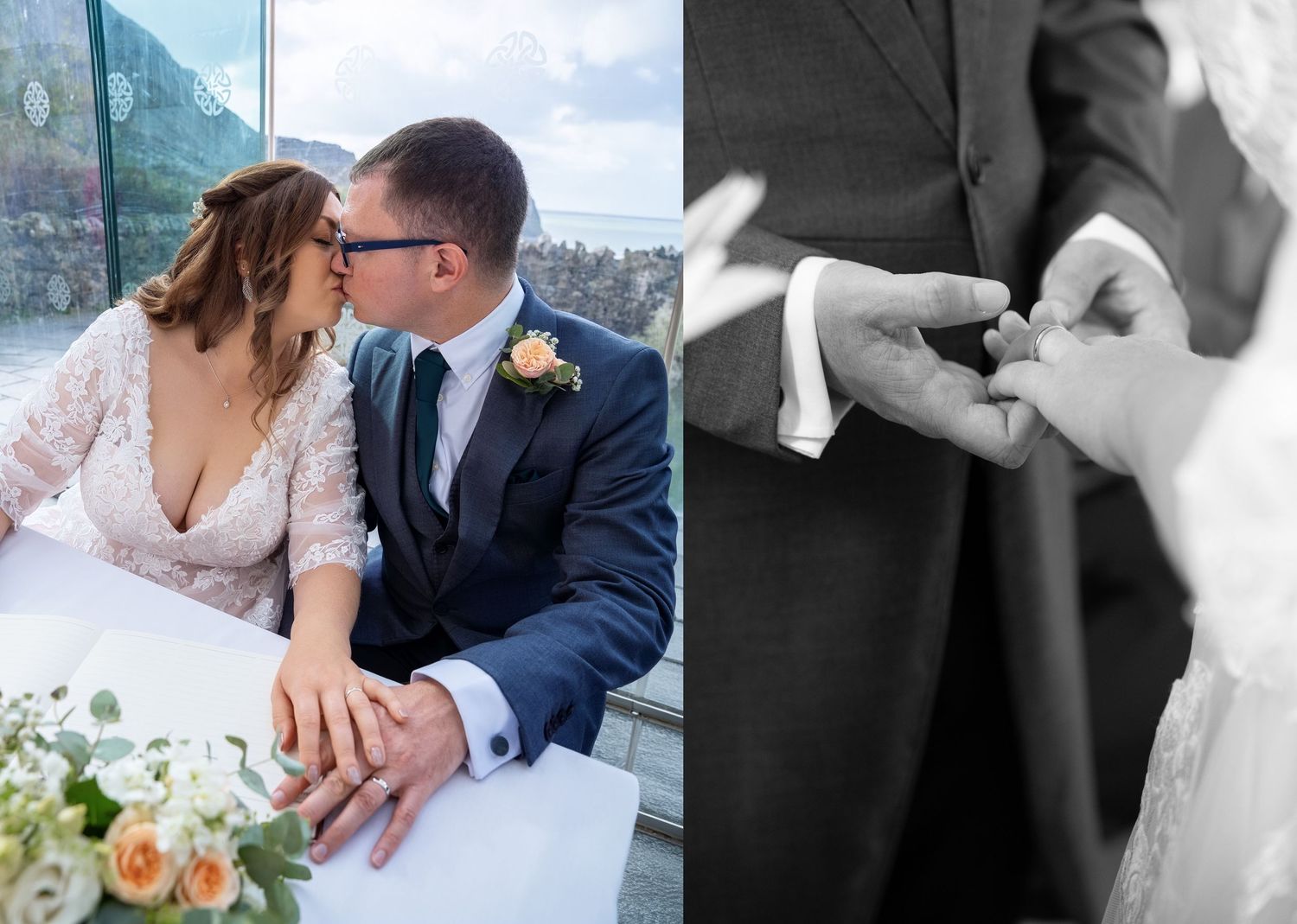Bride and groom kissing at wedding table outdoors, alongside black and white close-up of ring exchange ceremony.