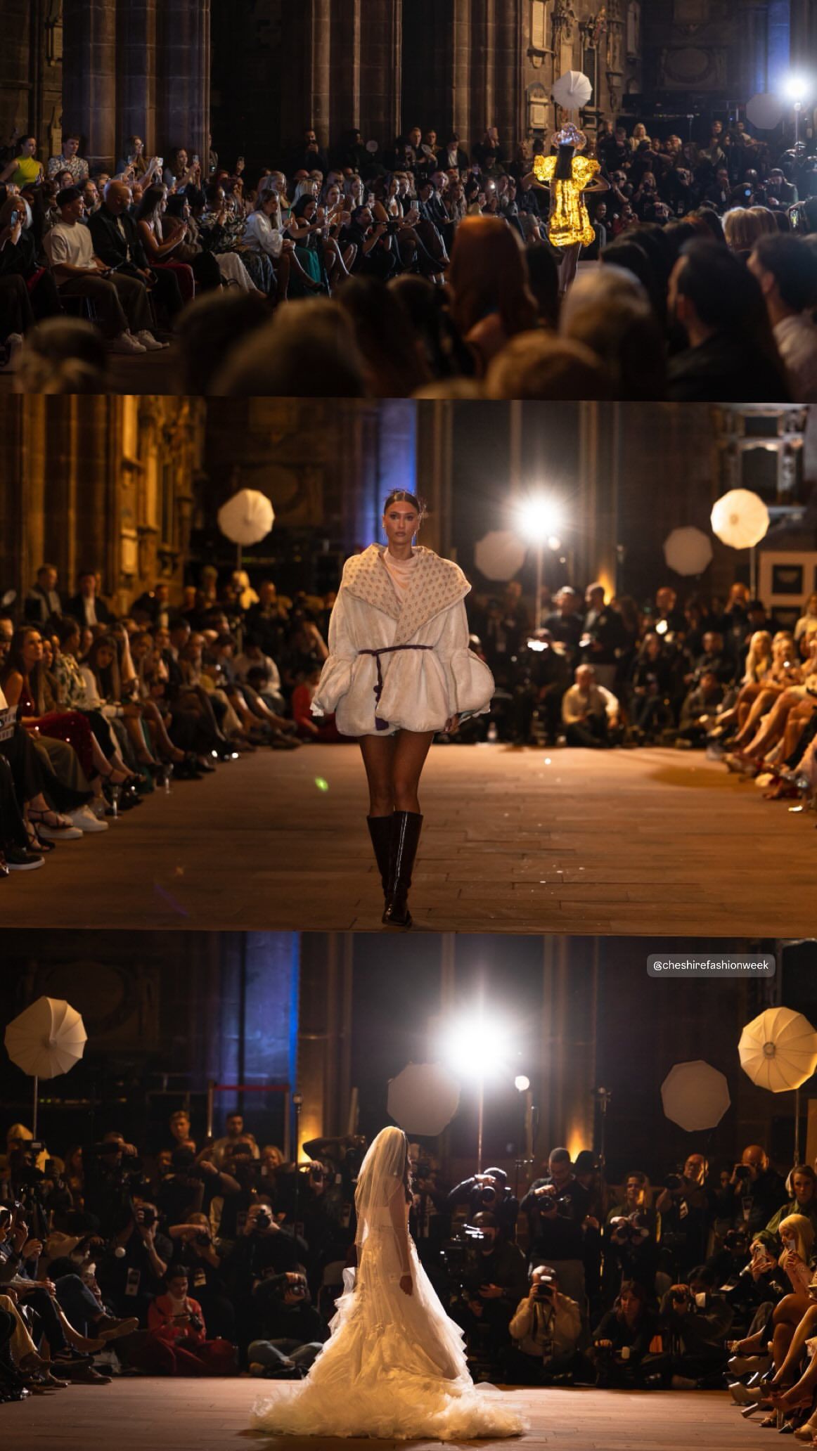 Fashion models walk the runway at a bridal fashion show featuring elegant white wedding gowns and evening wear.
