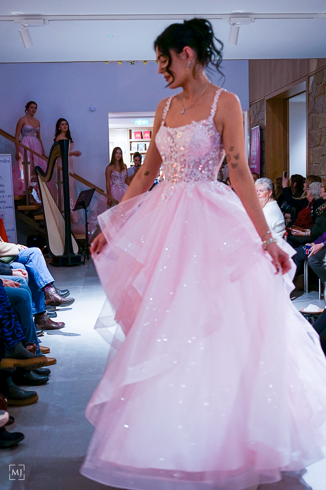 Pink tulle ballgown with sparkly details being showcased in a fashion show setting.