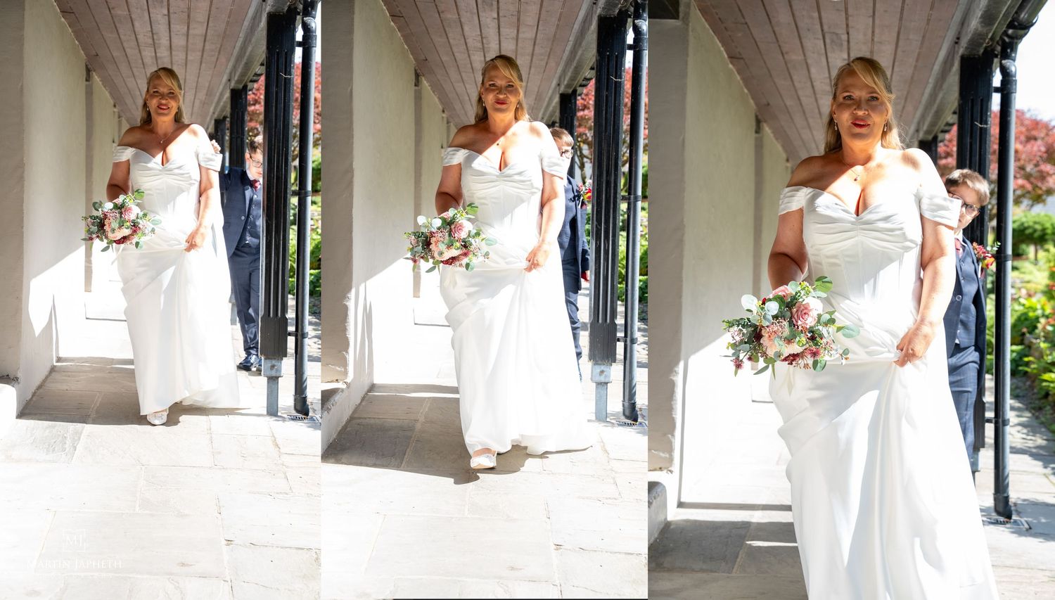 Bride in white one-shoulder gown holding floral bouquet walking down steps in three-photo collage.