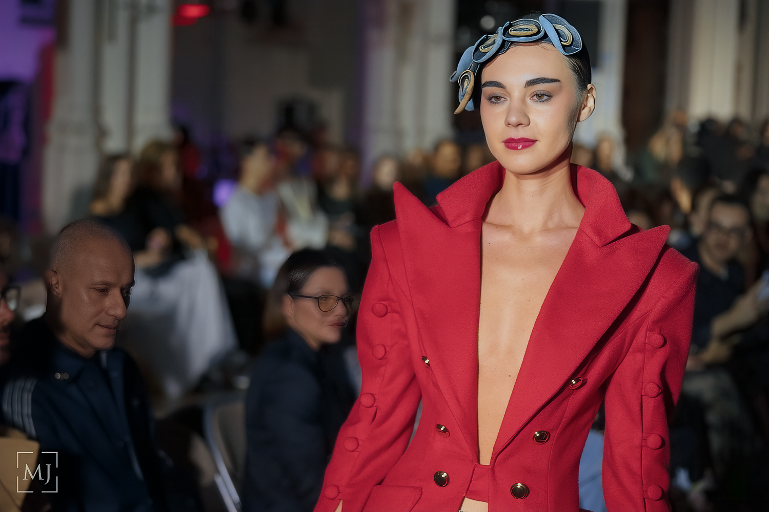 Model Lorena walks runway in vibrant red blazer London Fashion Day 2025. Fashion Photographer Martin Japheth