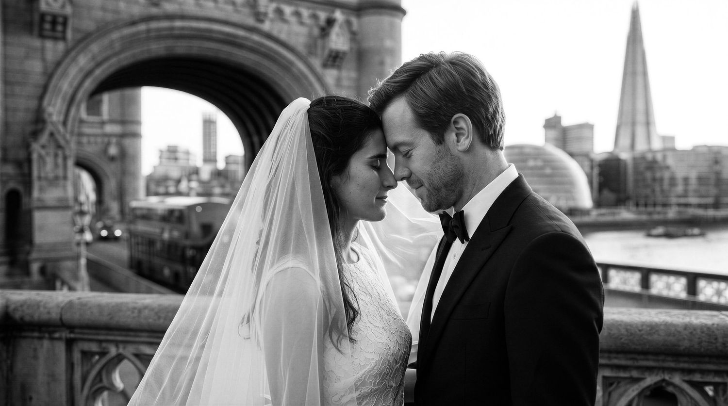 Bride and groom share romantic moment on Tower Bridge London, black and white wedding portrait with The Shard in background.
