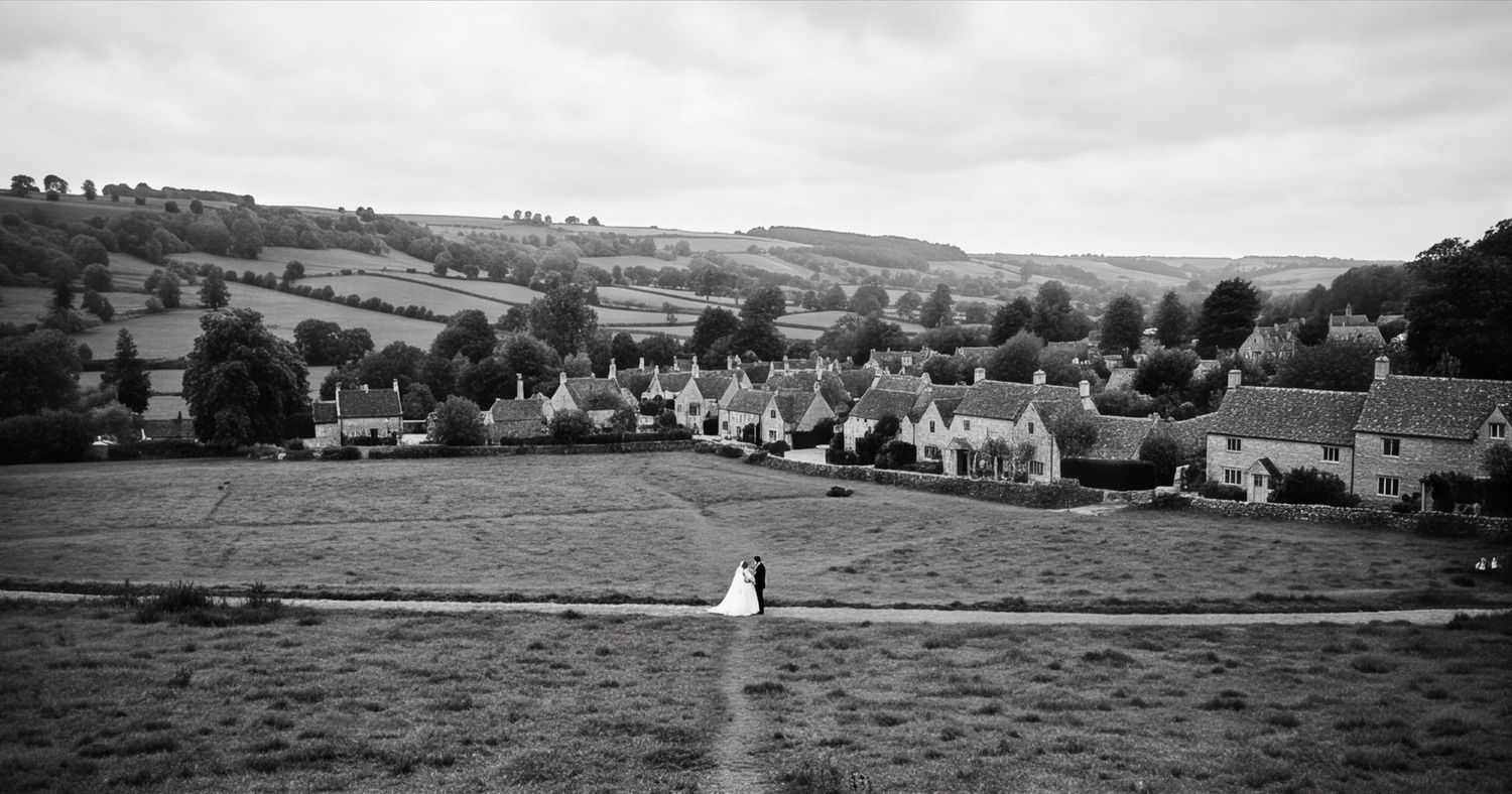 Aerial view of a Cotswolds wedding venue and surrounding grounds. Wedding Photographer Martin Japheth