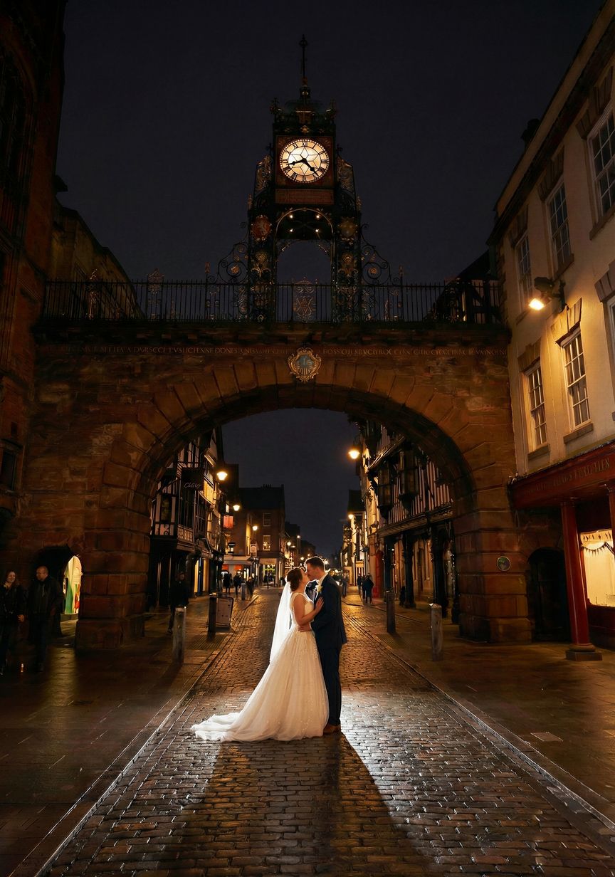 Chester wedding photography series showing couples on historic cobblestone streets at night. Wedding Photographer Martin Japheth