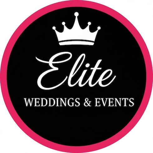 Elite Weddings & Events logo with crown icon in black and pink circular design.