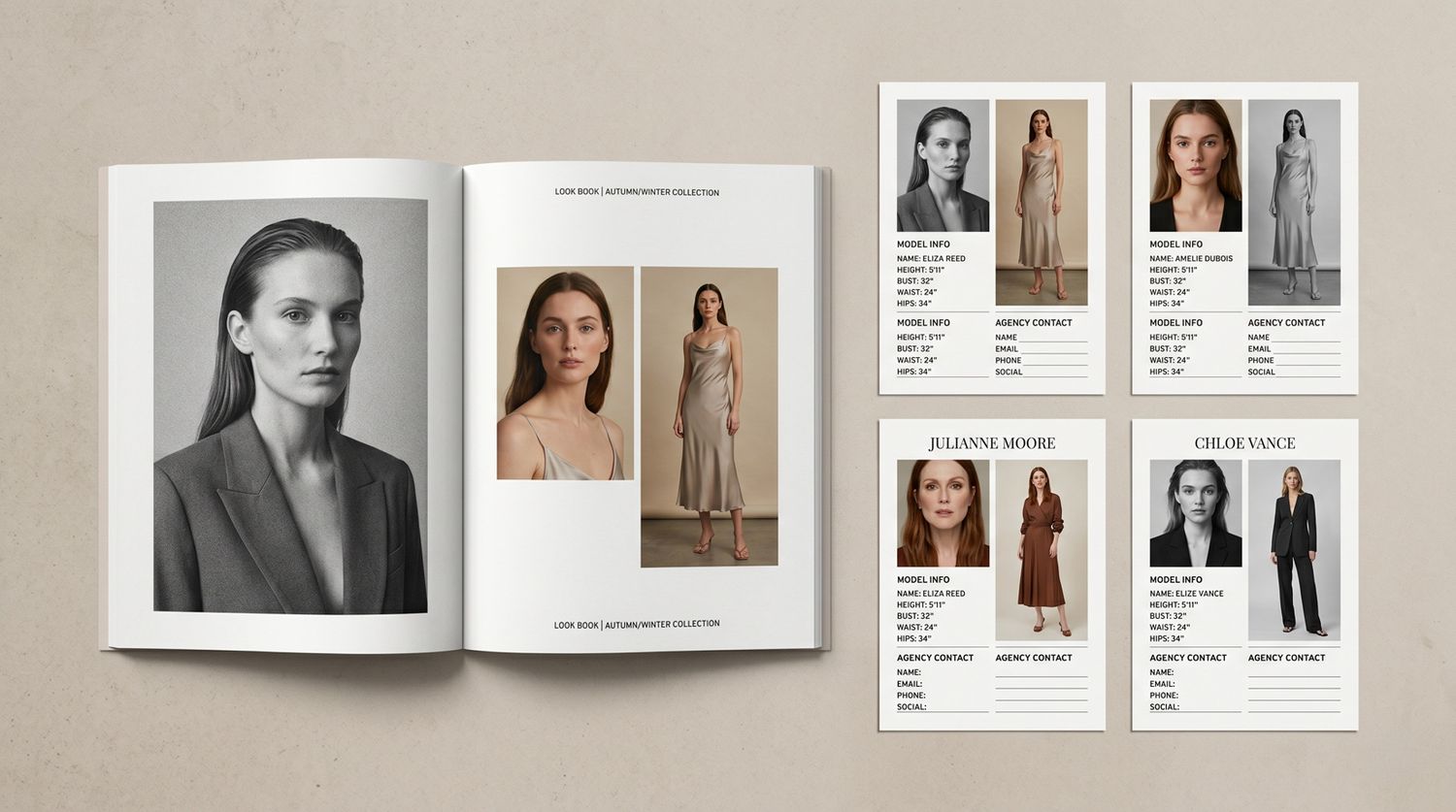 Fashion Lookbook featuring model portraits and outfit cards with minimalist clothing designs in neutral tones by Martin Japheth Photography