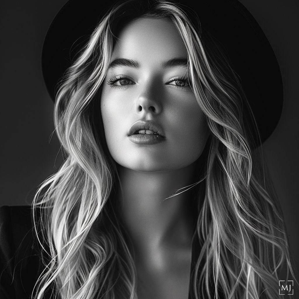 Dramatic black and white portrait with flowing blonde hair and dark hat.