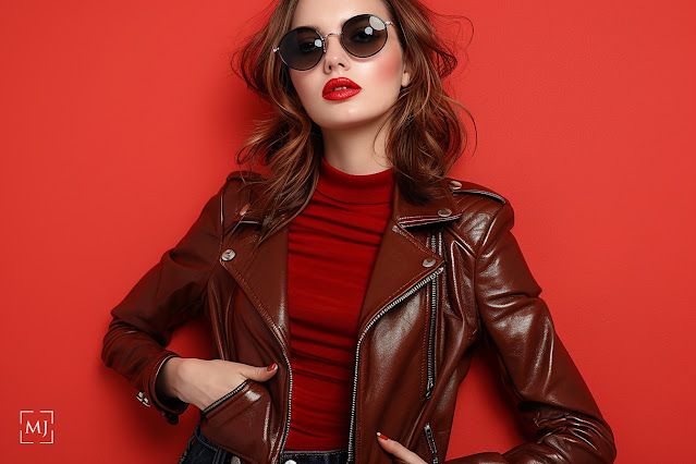 Stylish model in brown leather jacket and red top against bright red backdrop.