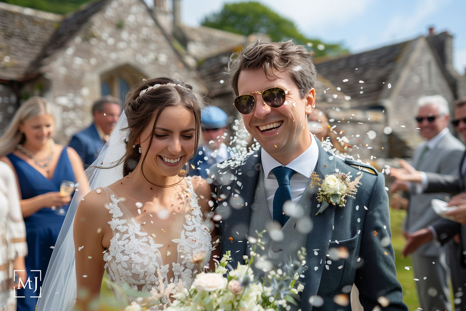Bride and groom smiling as confetti falls outside a stone church on their wedding day.