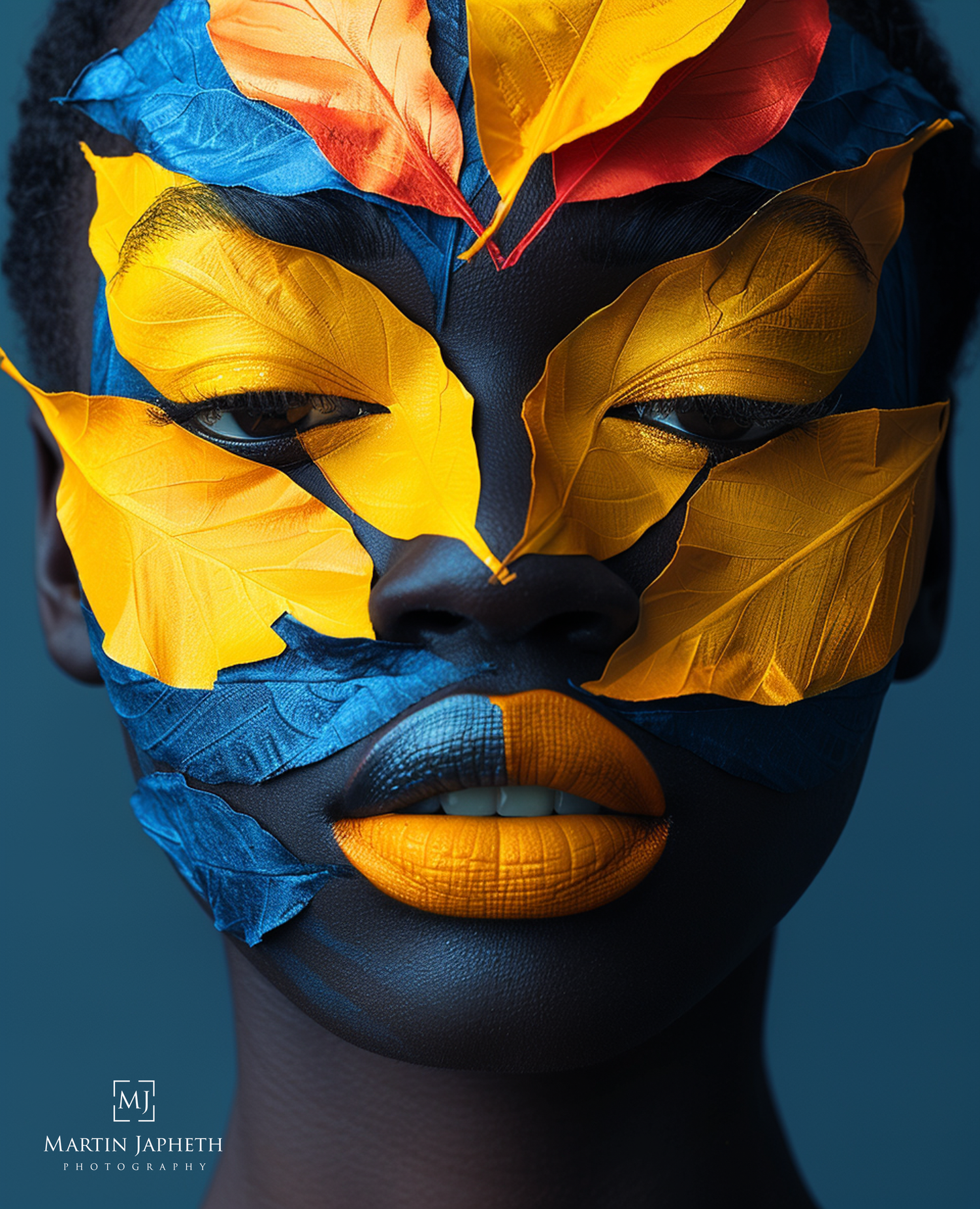 Portrait with vibrant yellow and blue leaf face art by Martin Japheth Photography on teal background.