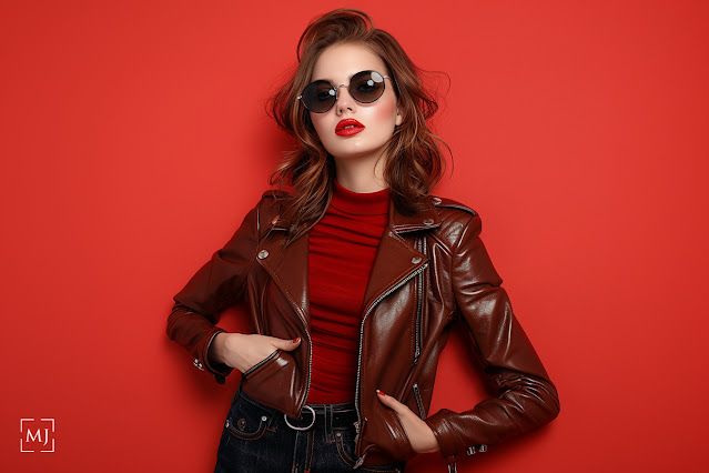 Fashion portrait with leather jacket and sunglasses against vibrant red background.