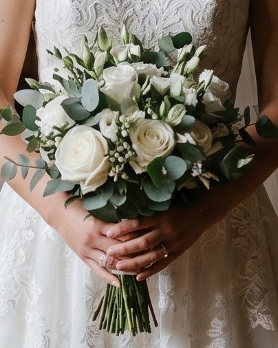 Bride holding a classic white rose and eucalyptus wedding bouquet, wearing a lace gown with a diamond ring.