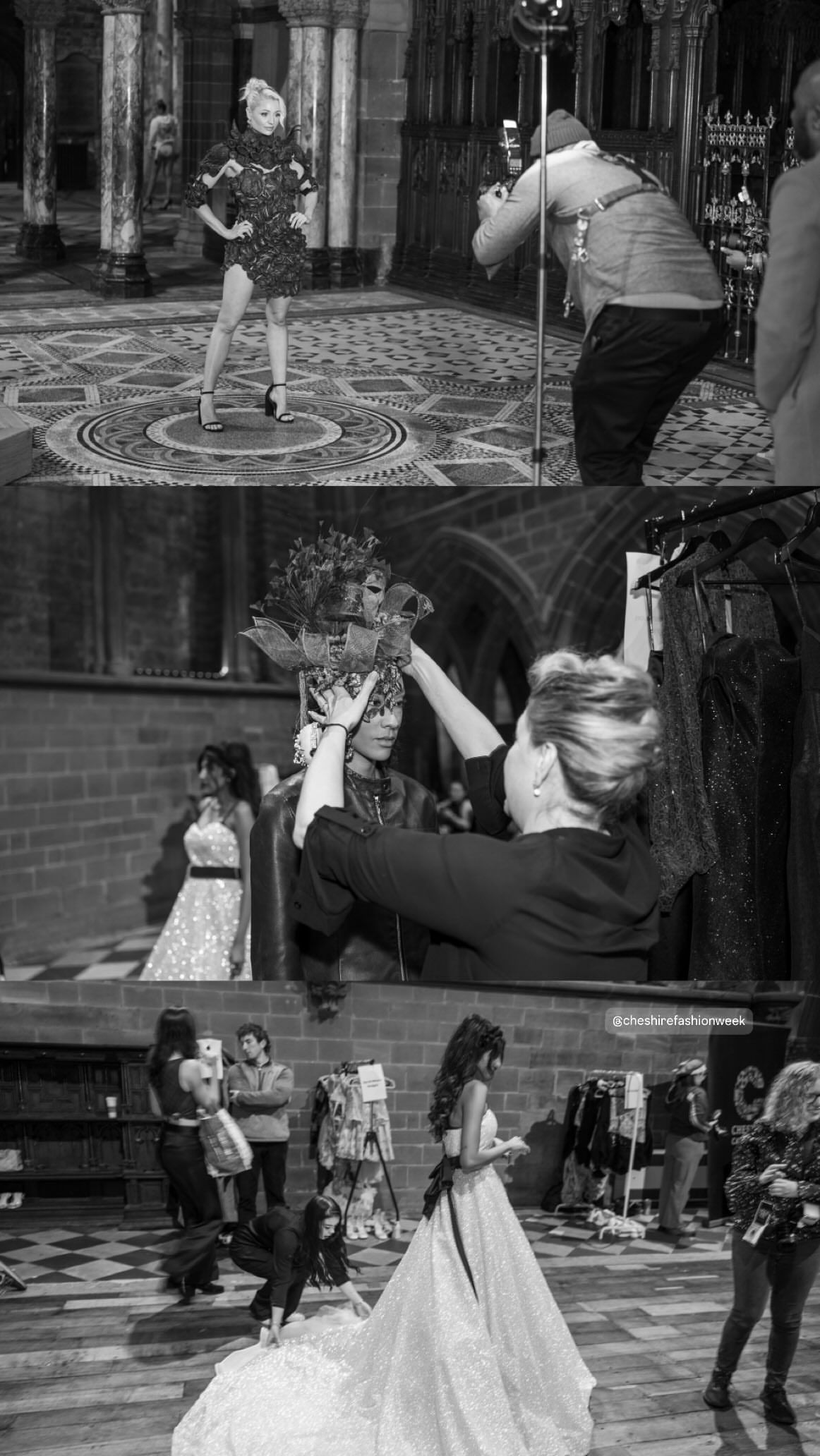 Dancers in formal attire perform elegant ballroom dance moves on a patterned floor during a special event.