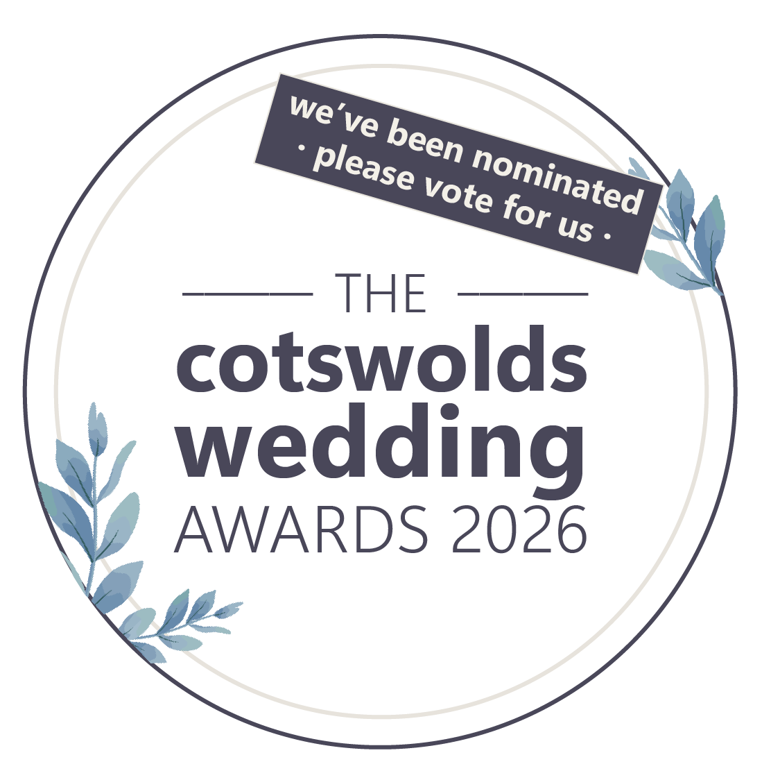 Cotswolds Wedding Awards 2026 nomination badge with floral decoration and voting request banner.
