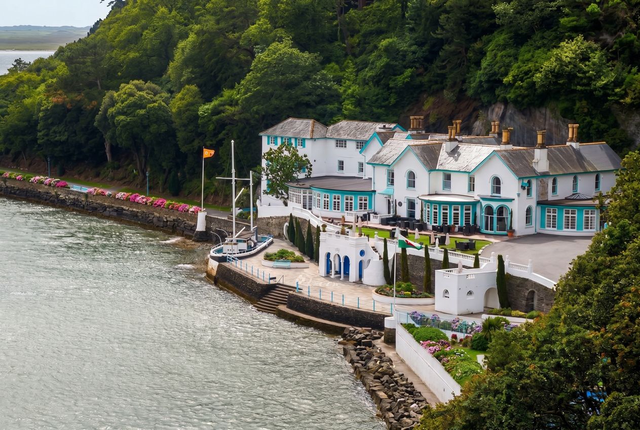 Hotel from the Grotto - Portmeirion Wedding | Martin Japheth Photography