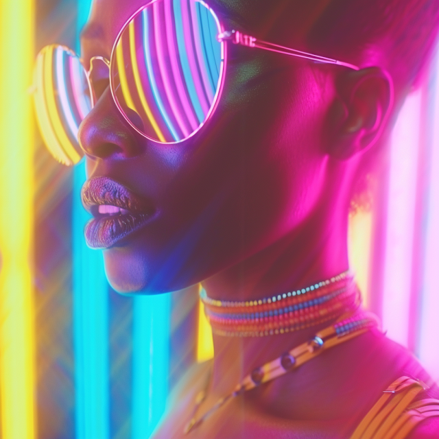 Neon-lit portrait with striped reflective sunglasses in pink and blue lighting.