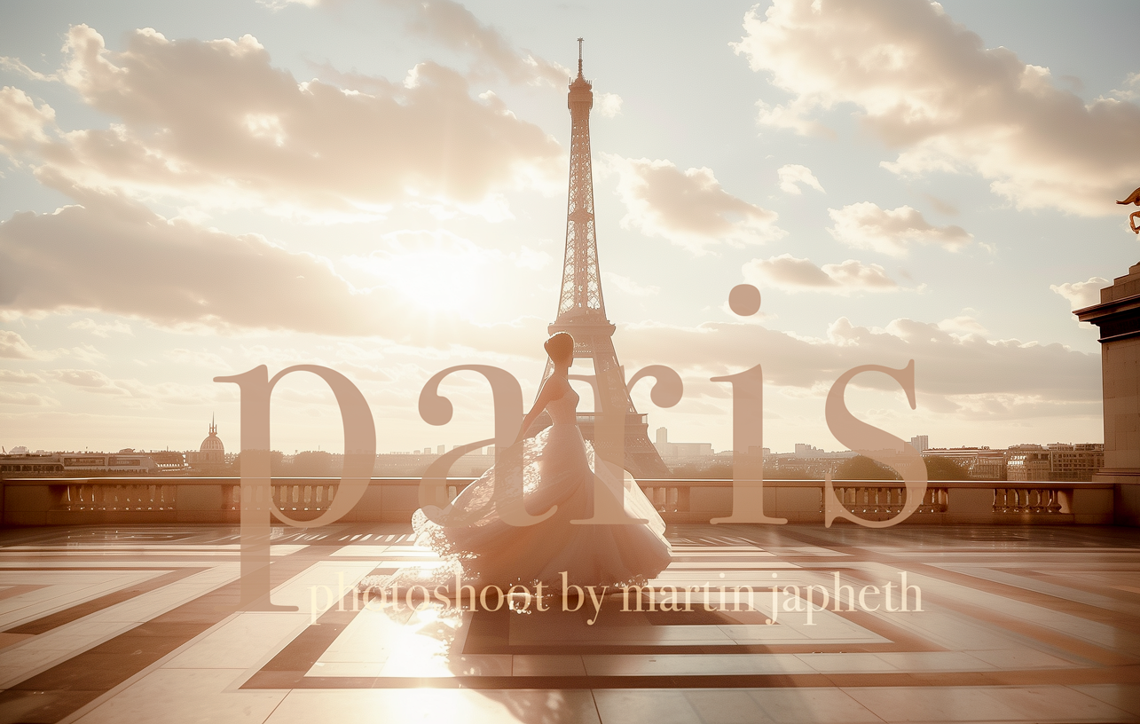 Couple embracing in front of the Eiffel Tower in Paris during golden hour, romantic photoshoot by Martin Japheth.