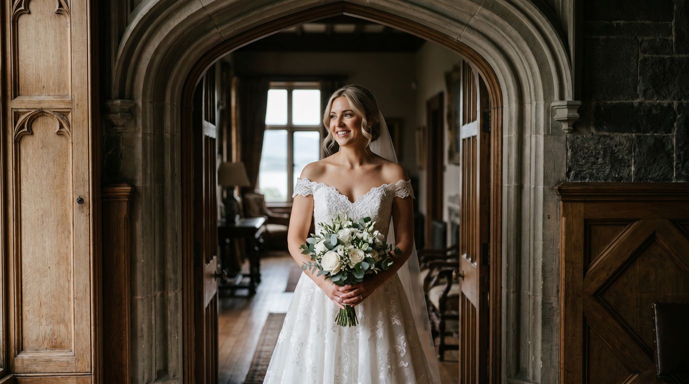 Rhuthin Castle Wedding - Bride posing in the main hall | Martin Japheth Photography