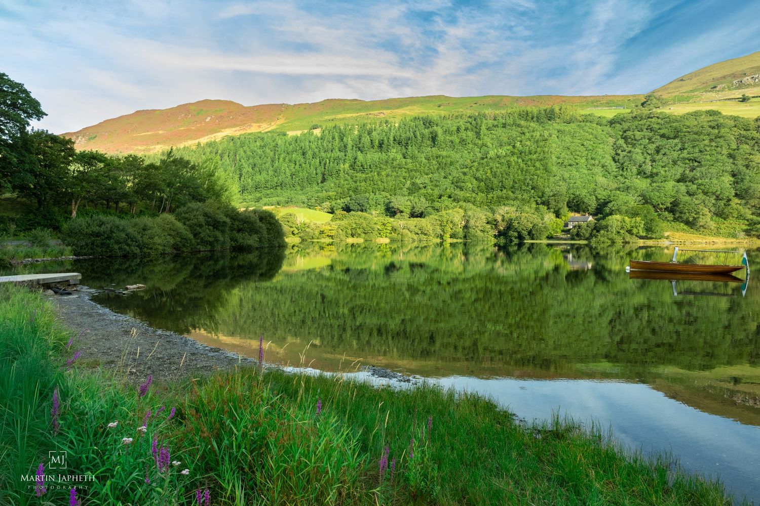 Serene lake reflecting green forested hills and blue sky, with wildflowers and a small boat on calm waters.