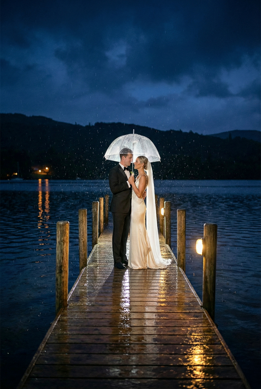 Romantic couple with white umbrella on wooden pier at twilight by the lake up in Windermere. Wedding Photographer Martin Japheth