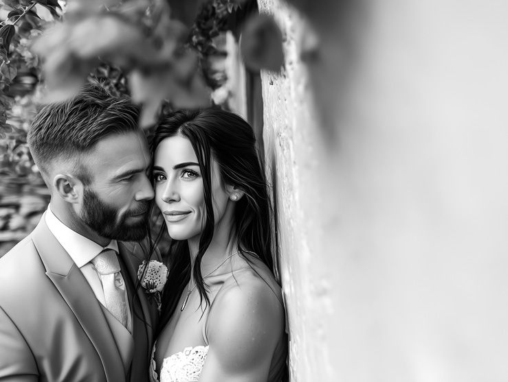 Portrait of bride and groom sharing a romantic moment against a rustic wall. Portmeirion Weddings with Martin Japheth Photography.