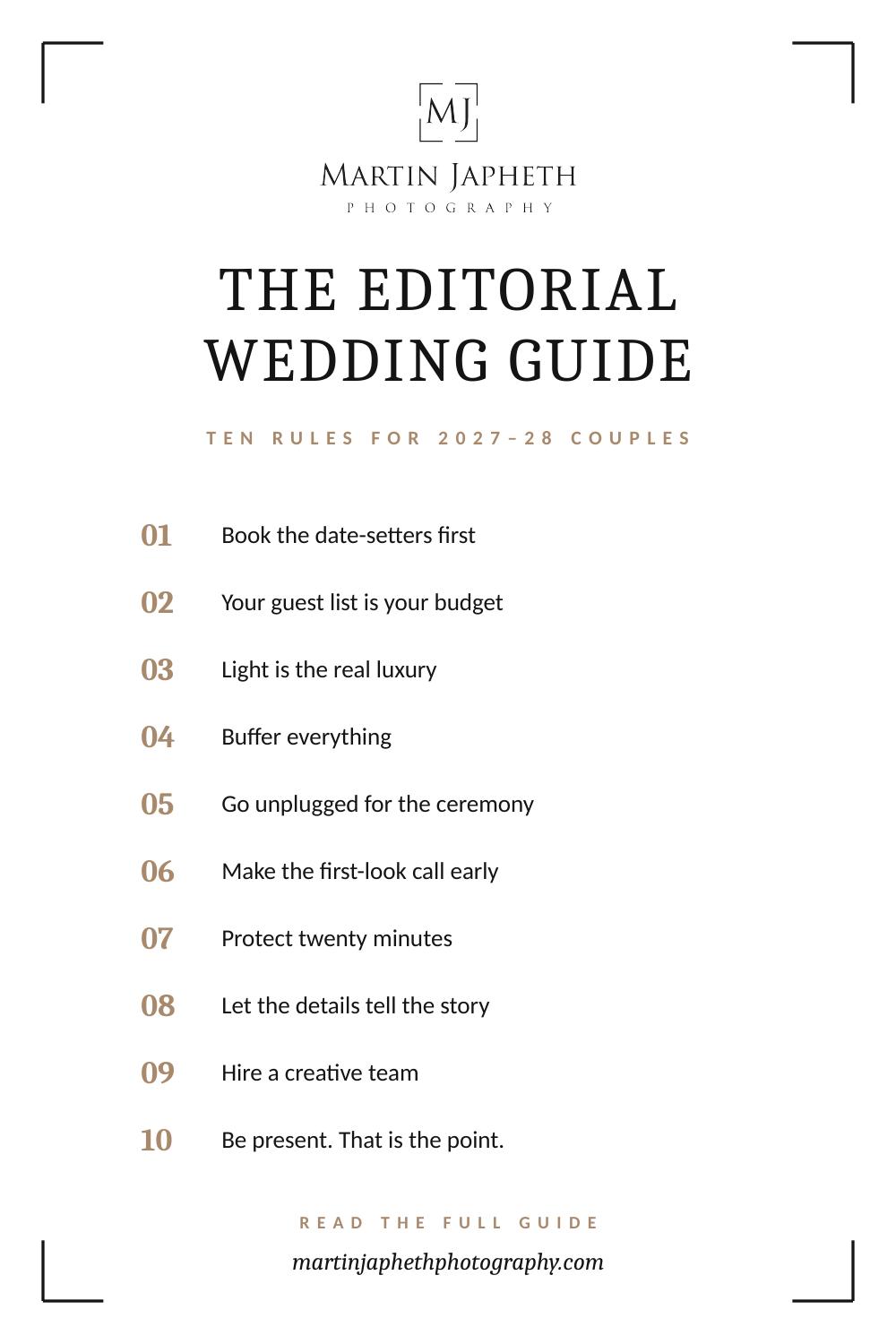Martin Japheth Photography editorial wedding guide poster listing ten rules for 2027-28 couples planning their perfect wedding day.
