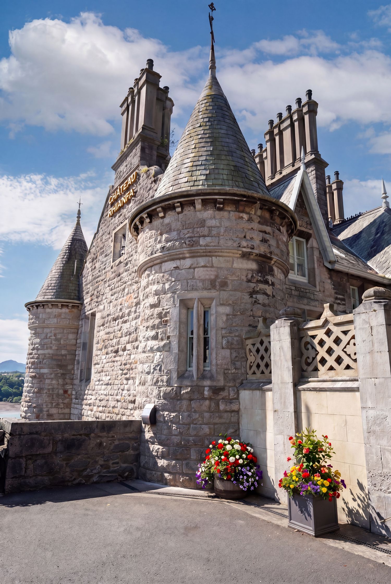 Chateau Rhianfa with conical turrets, stone walls, and colorful flower pots under a blue sky. Martin Japheth photography