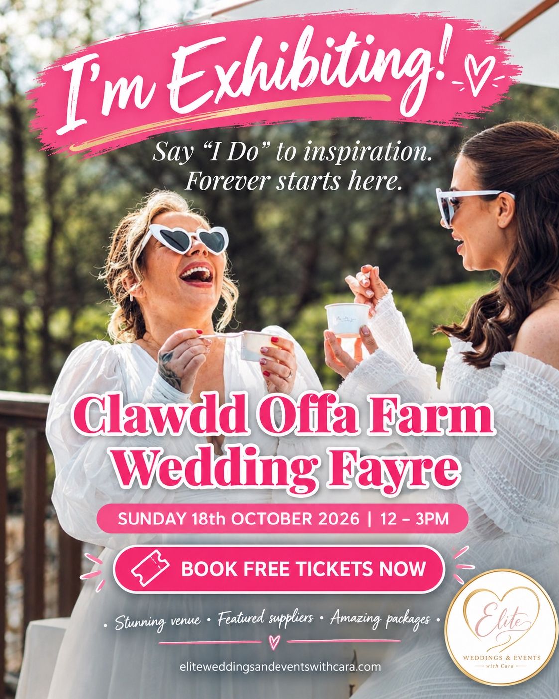 Two brides laughing at Clawdd Offa Farm Wedding Fayre, Sunday 18th October 2026, 12-3PM, free tickets available.