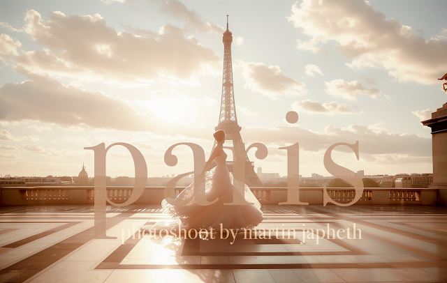 Eiffel Tower silhouette against warm sunset sky with Paris typography in foreground.