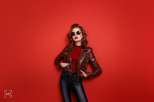 Fashion photo featuring leather jacket and sunglasses against bold red studio background.