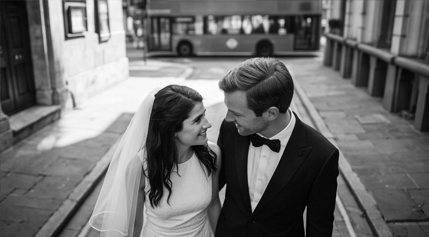 Black and white wedding photo of bride and groom sharing a romantic moment on steps with a double-decker bus in background.