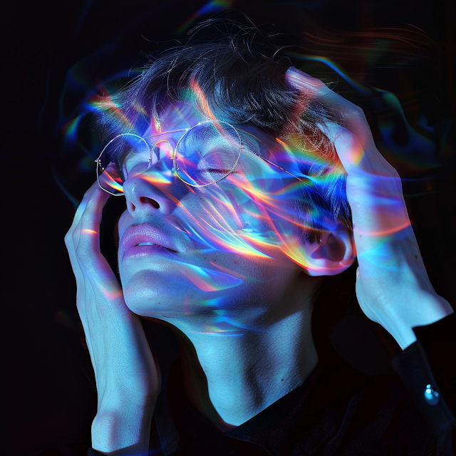 Abstract portrait with swirling neon lights and holographic effects in blue tones.
