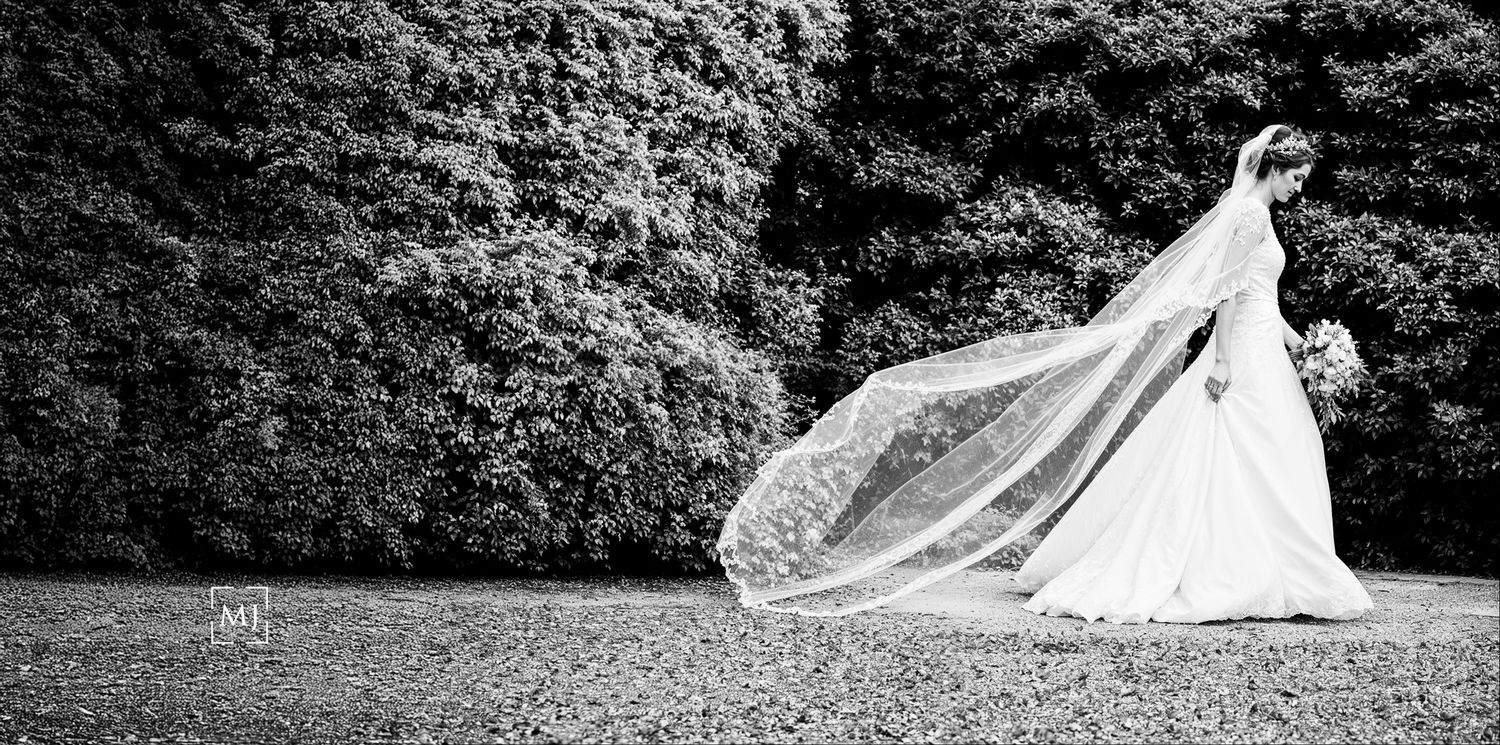 Dramatic black and white photo of flowing wedding dress veil against garden backdrop. Wedding Photographer Martin Japheth