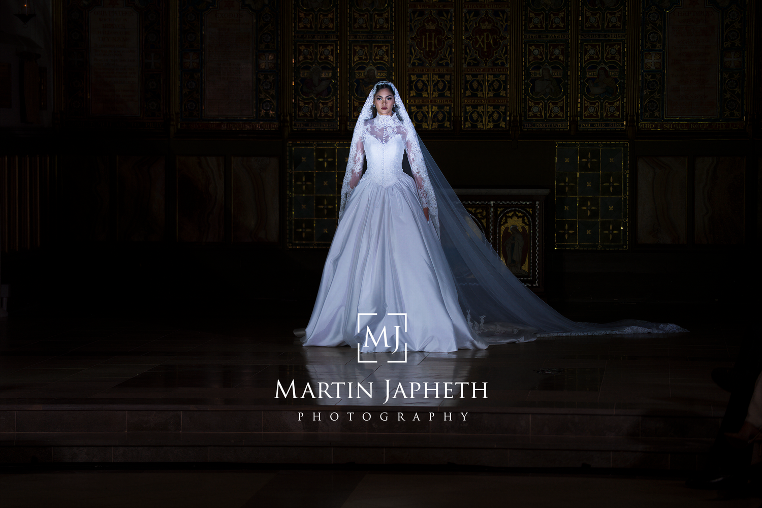 Dramatic silhouette shots of a bride in a flowing white gown and veil against a dark background.