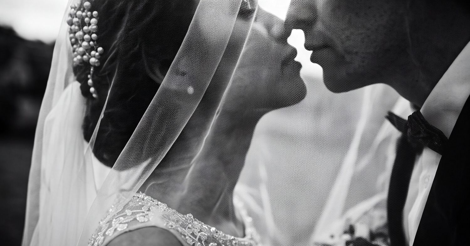 Black and white photo of bride and groom sharing a romantic kiss on their wedding day in the Cotswolds