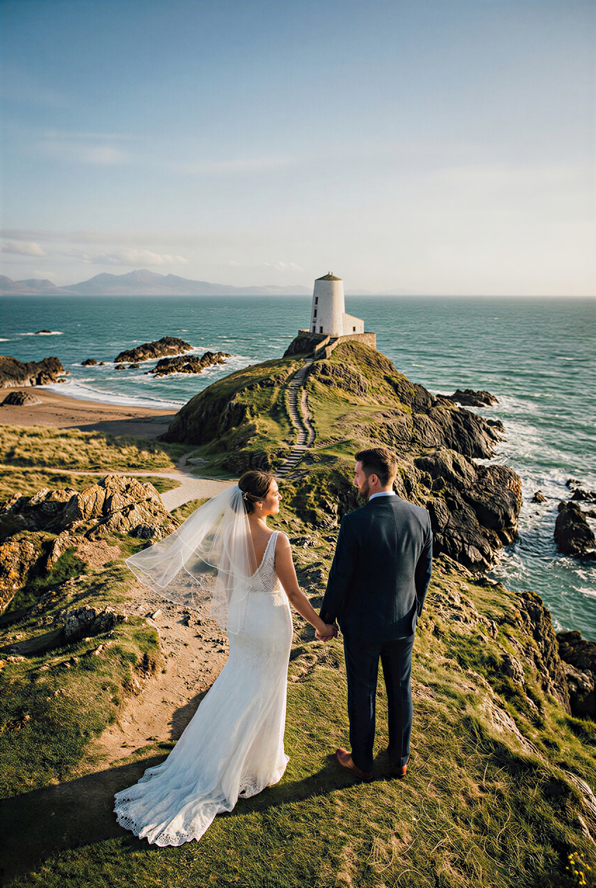 A couple in wedding attire stands on a dramatic Llanddwyn coastal cliff overlooking the ocean near a lighthouse at sunset.