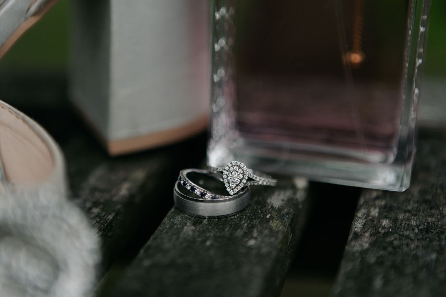 Close-up of an elegant diamond engagement ring in a display box.