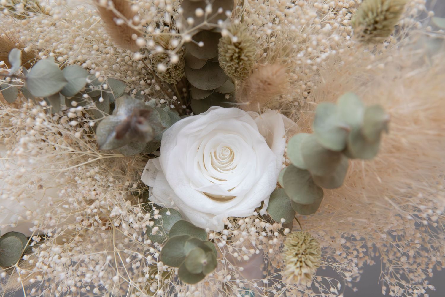Elegant white rose and baby's breath floral arrangement with soft focus.