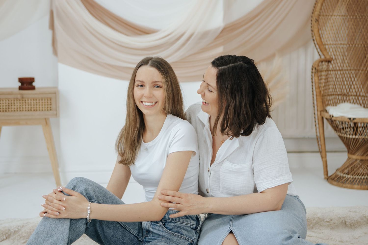 Casual lifestyle photography session with people in matching denim and white outfits.