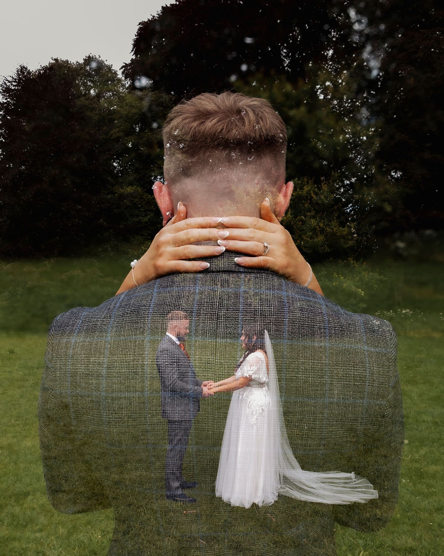 A romantic wedding photo sequence showing a couple embracing in a grassy field with a dreamy filter effect.